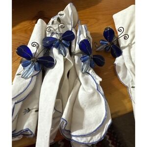 Vintage Cloth Napkins And Butterfly Napkin Holders Blue Glass Wire